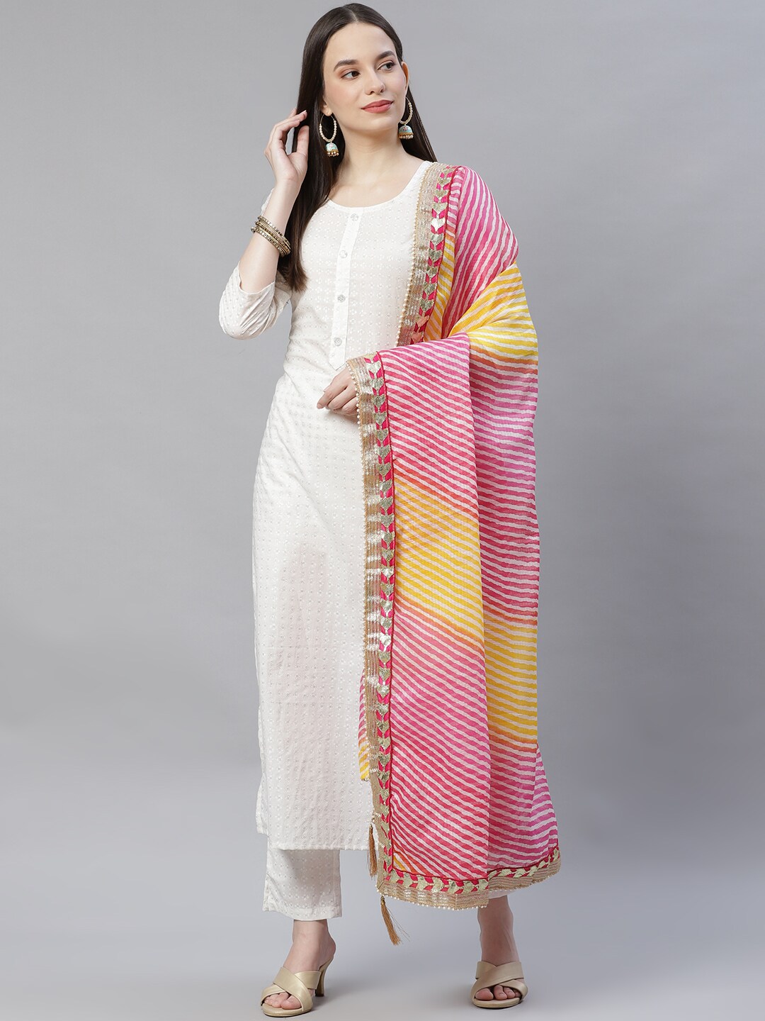 mokshi Yellow & Pink Striped Pure Cotton Dupatta Price in India