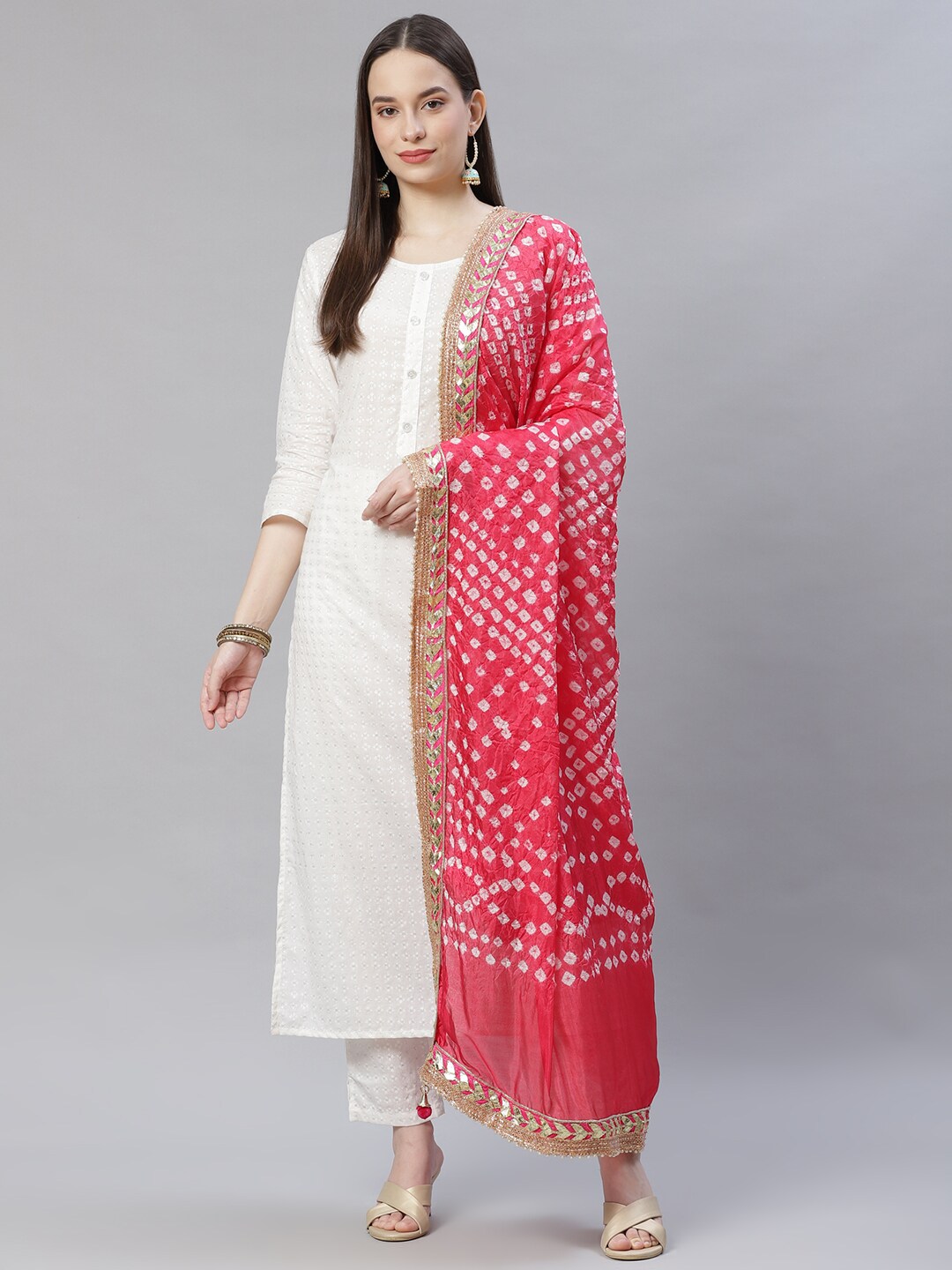 mokshi Pink Printed Pure Silk Bandhani Dupatta with Gotta Patti Price in India