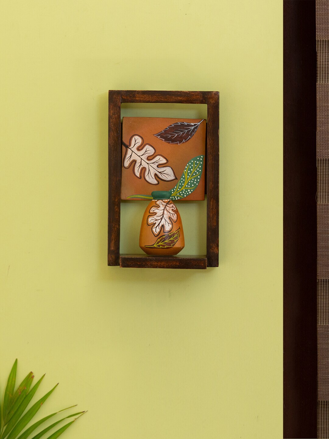 ExclusiveLane Brown & Green Wood Basic Wall Shelf with Pot Price in India