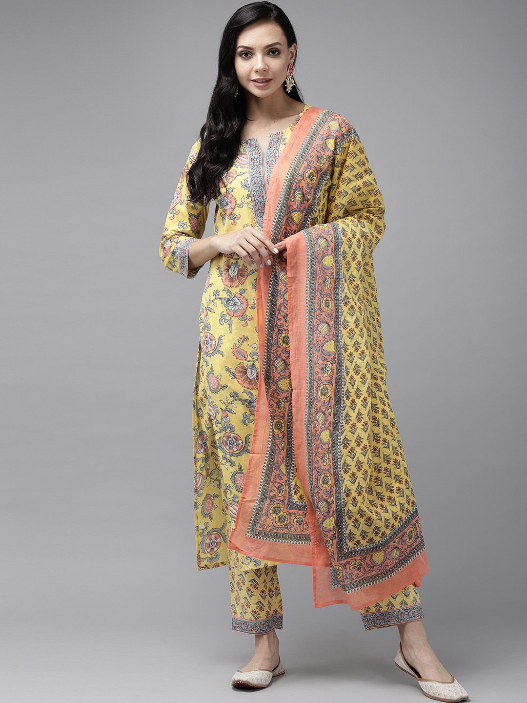 Yufta Women Yellow Floral Printed Regular Pure Cotton Kurta with Palazzos & With Dupatta Price in India