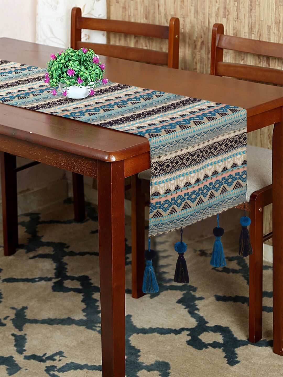 Mezposh Turquoise Blue & Beige Geometric Printed Jacquard 6-Seater Table Runner Price in India