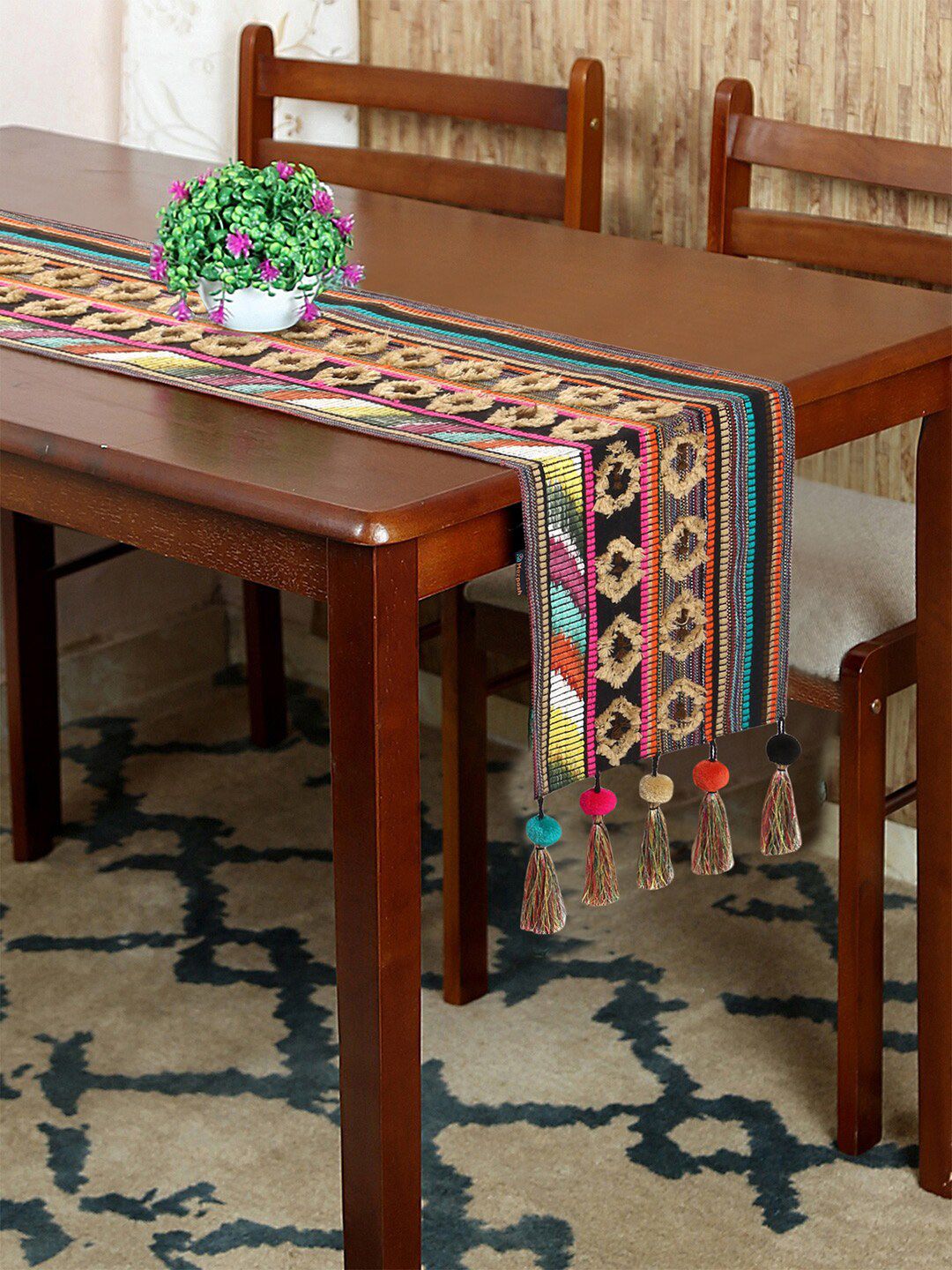 Mezposh Brown & Orange Striped Tribal Acrylic Jacquard 6 Seater Table Runner with Tassels Price in India