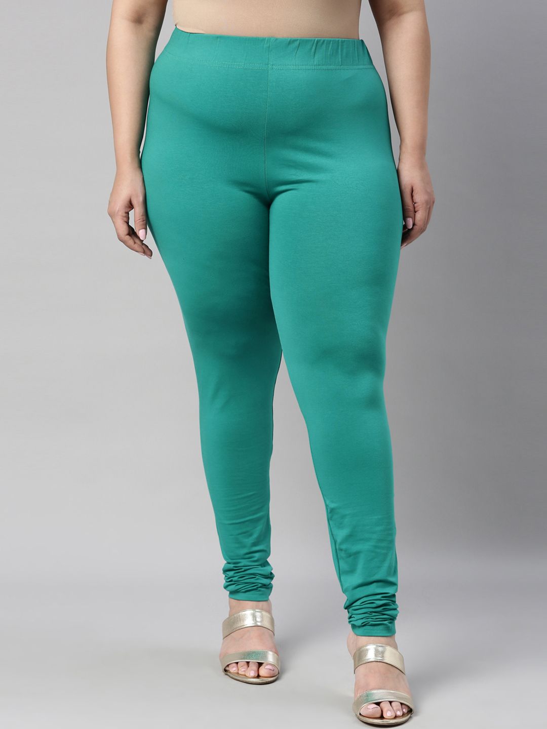 Go Colors Women Sea Green Solid Cotton Churidar-Length Leggings Price in India