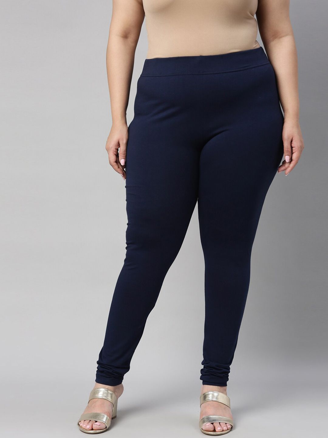 Go Colors Women Navy Blue Solid Cotton Plus Size Churidar-Length Leggings Price in India