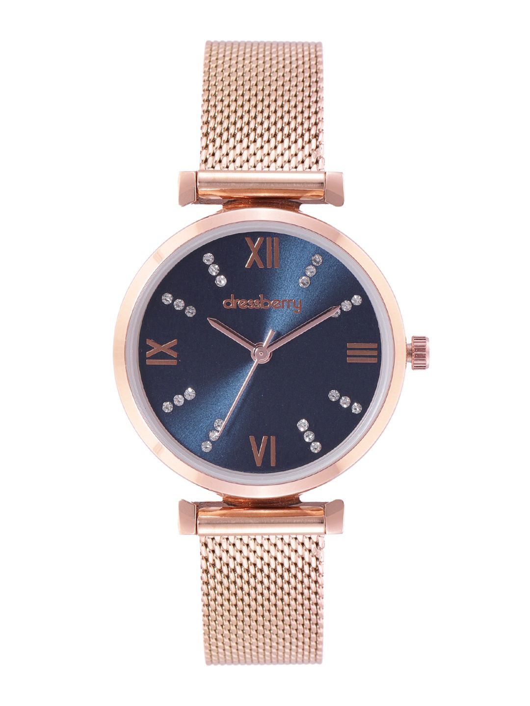 DressBerry Women Blue Dial & Rose Gold Toned Stainless Steel Bracelet Style Straps Analogue Watch Price in India