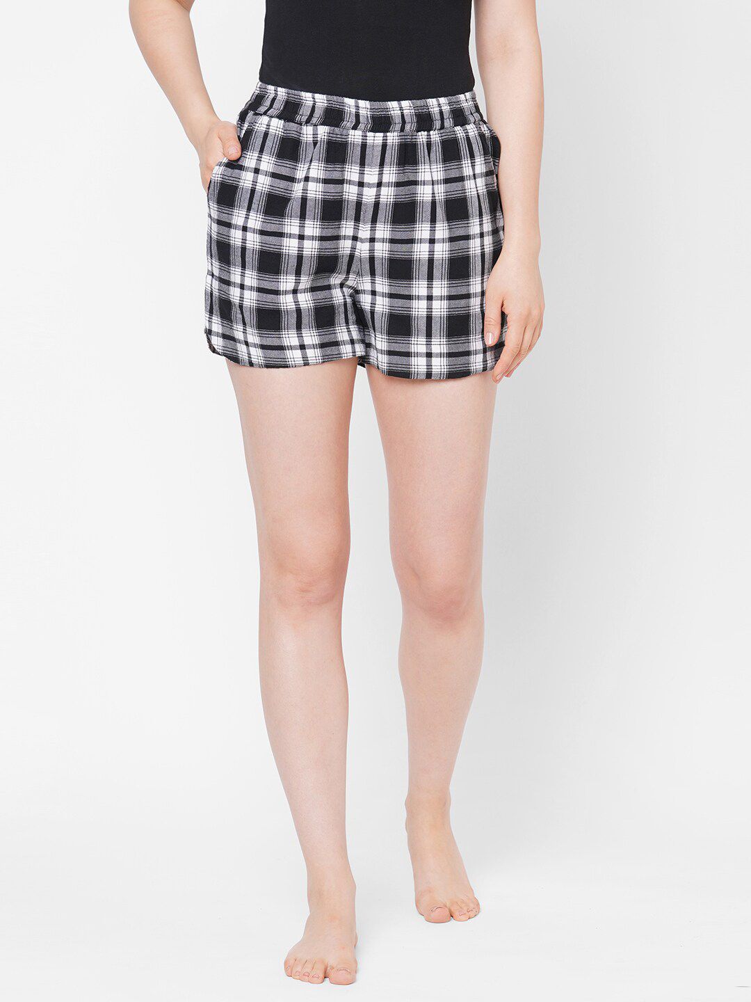 Mystere Paris Women Black & White Checked Lounge Shorts Price in India