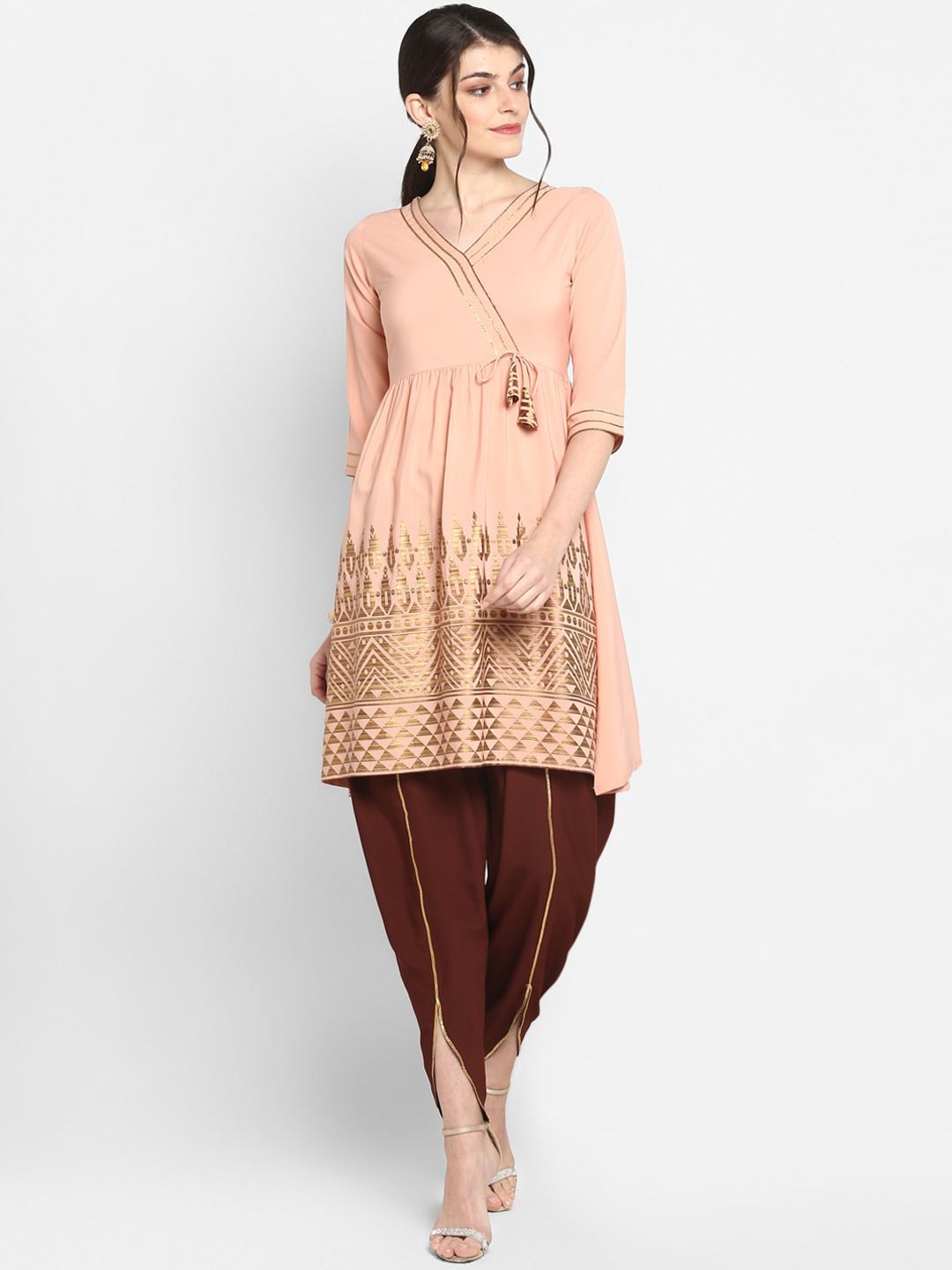 Janasya Women Peach-Coloured & Maroon Printed Angrakha Gotta Patti Kurta with Dhoti Pants Price in India