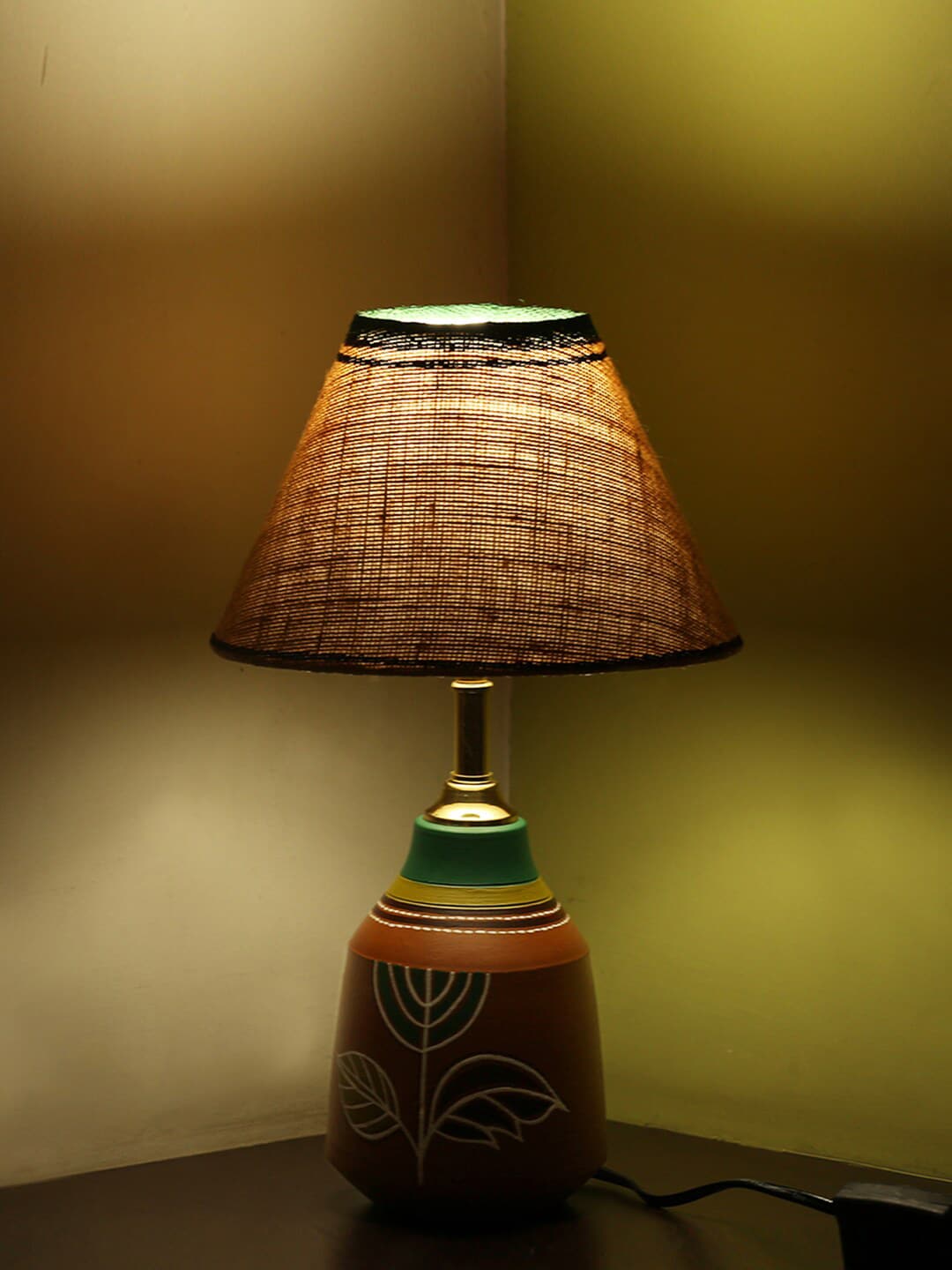 ExclusiveLane Brown & Green Terracotta Contemporary Bedside Standard Table Lamp with Shade Price in India
