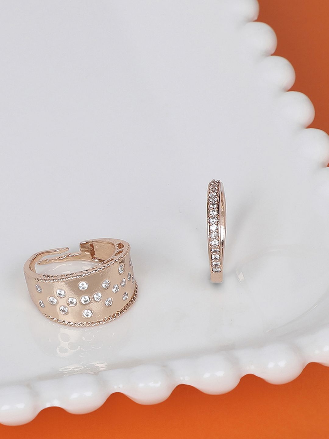 Zaveri Pearls Set Of 2 Rose Gold-Plated White CZ-Studded Adjustable Finger Rings Price in India