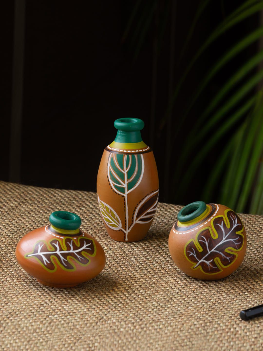 ExclusiveLane Set of 3 Brown & Green Hand-Painted Terracotta Decorative Pots Showpieces Price in India