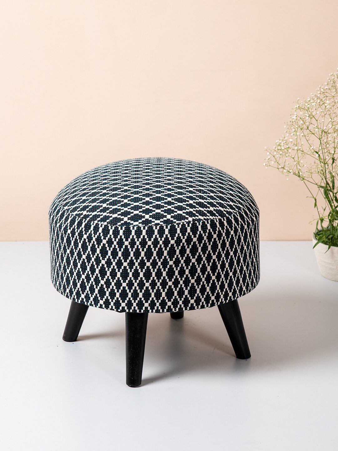 nestroots Black & White Round Shape Wooden Ottoman Price in India