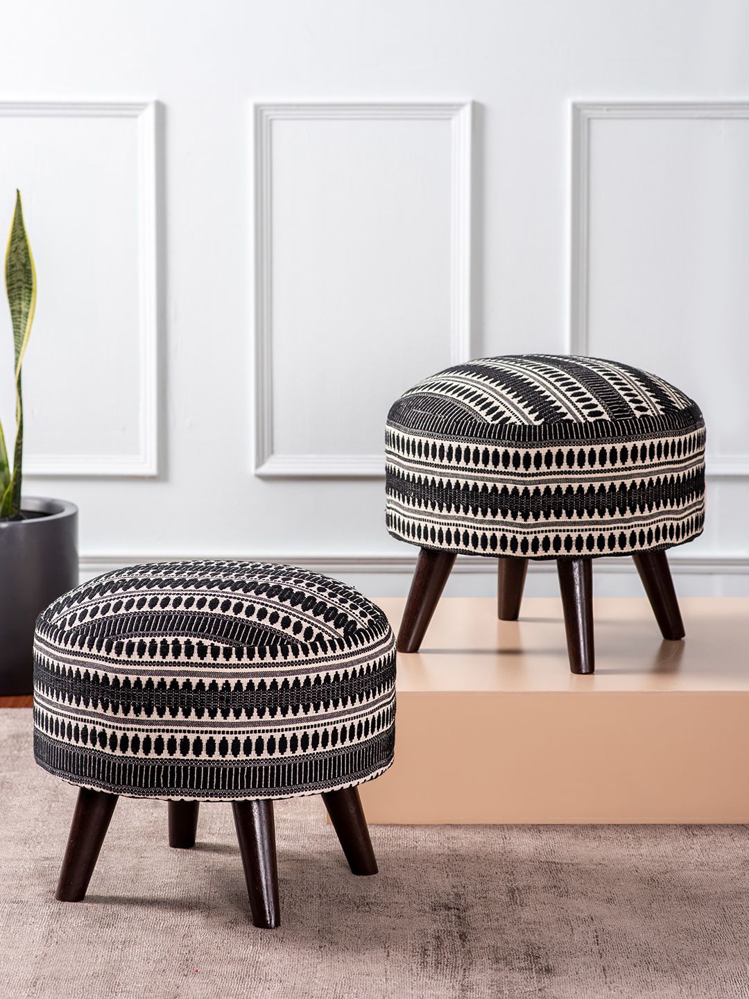 nestroots Black & Off White Set of 2 Round Foam Cushioned Cotton Pouffy Ottoman Price in India
