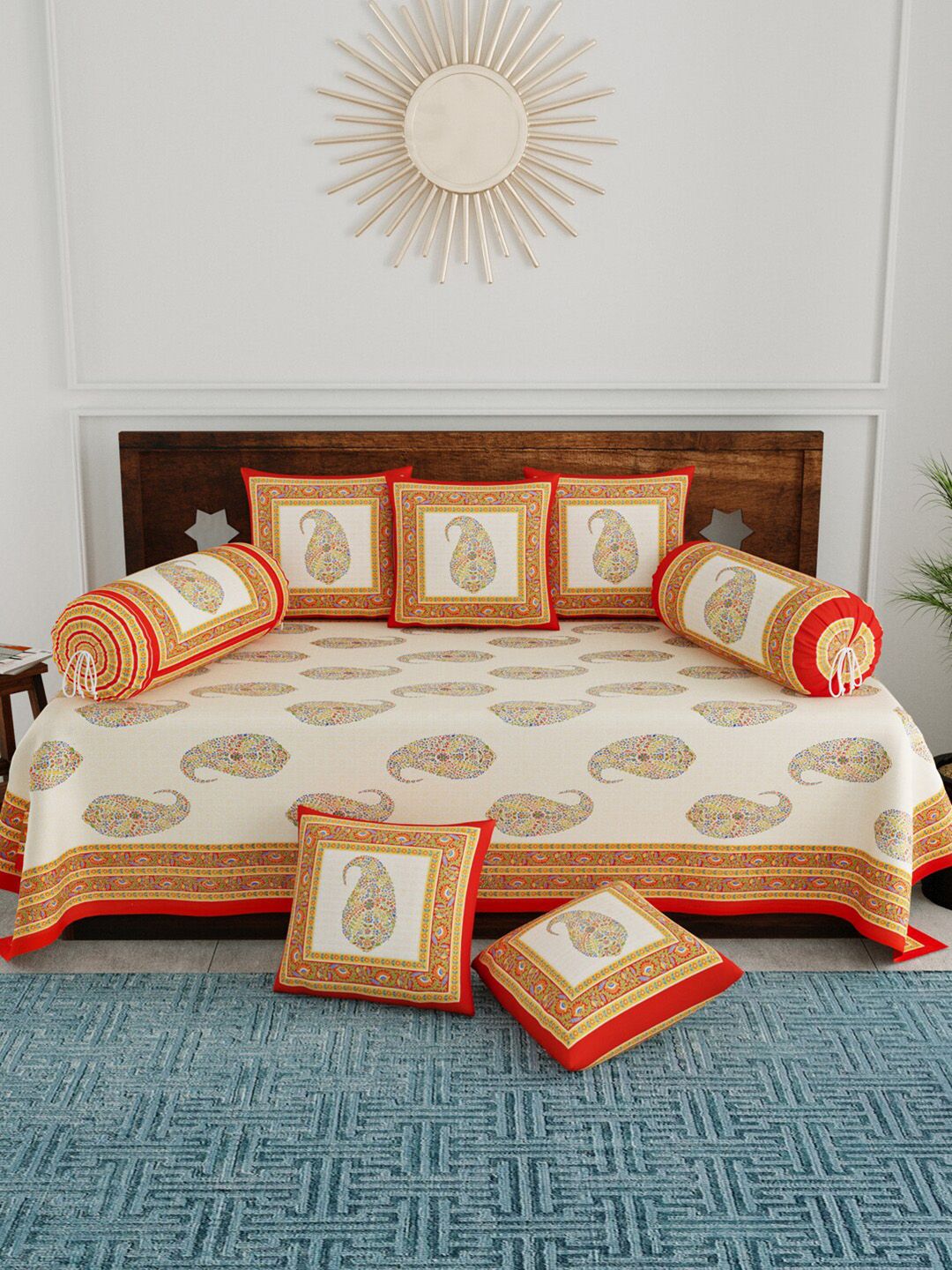 Clasiko Set Of 8 Beige Printed Single Bedsheet With Bolster Covers & Cushion Covers Price in India