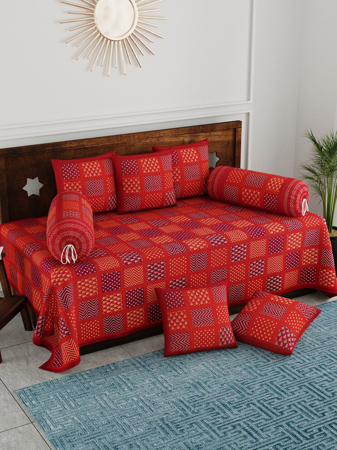 Clasiko Set Of 8 Red & Blue Woven-Design Pure Cotton Single Bedsheet With Bolster Covers & Cushion Covers Price in India