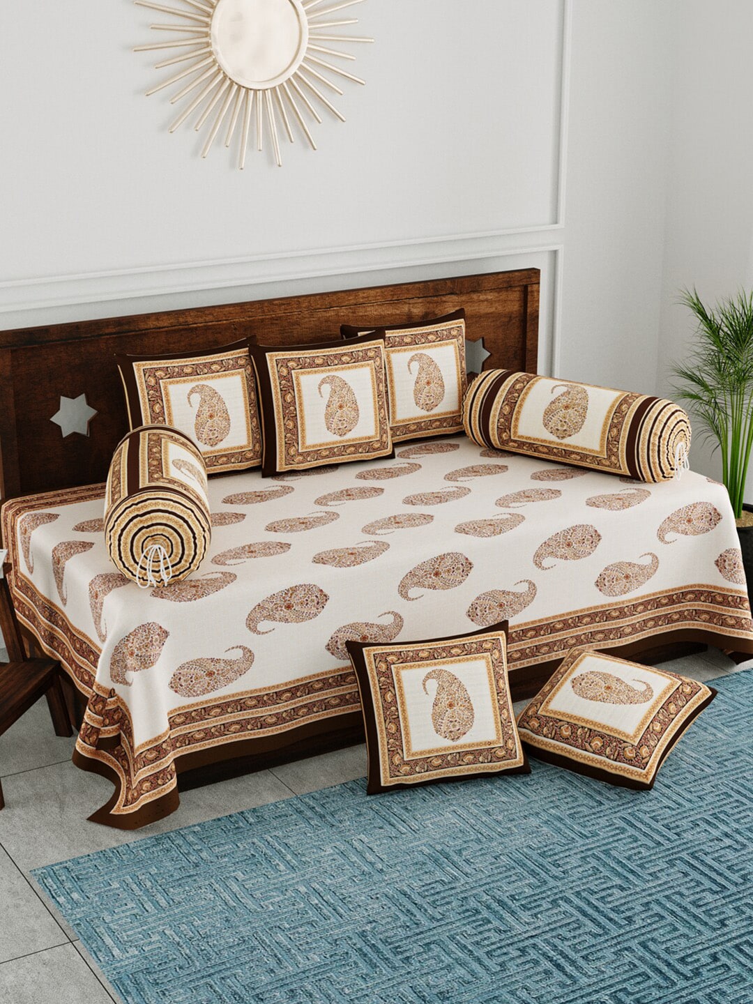 Clasiko Set Of 8 Beige & White Pure Cotton Single Bedsheet With Bolster & Cushion Covers Price in India