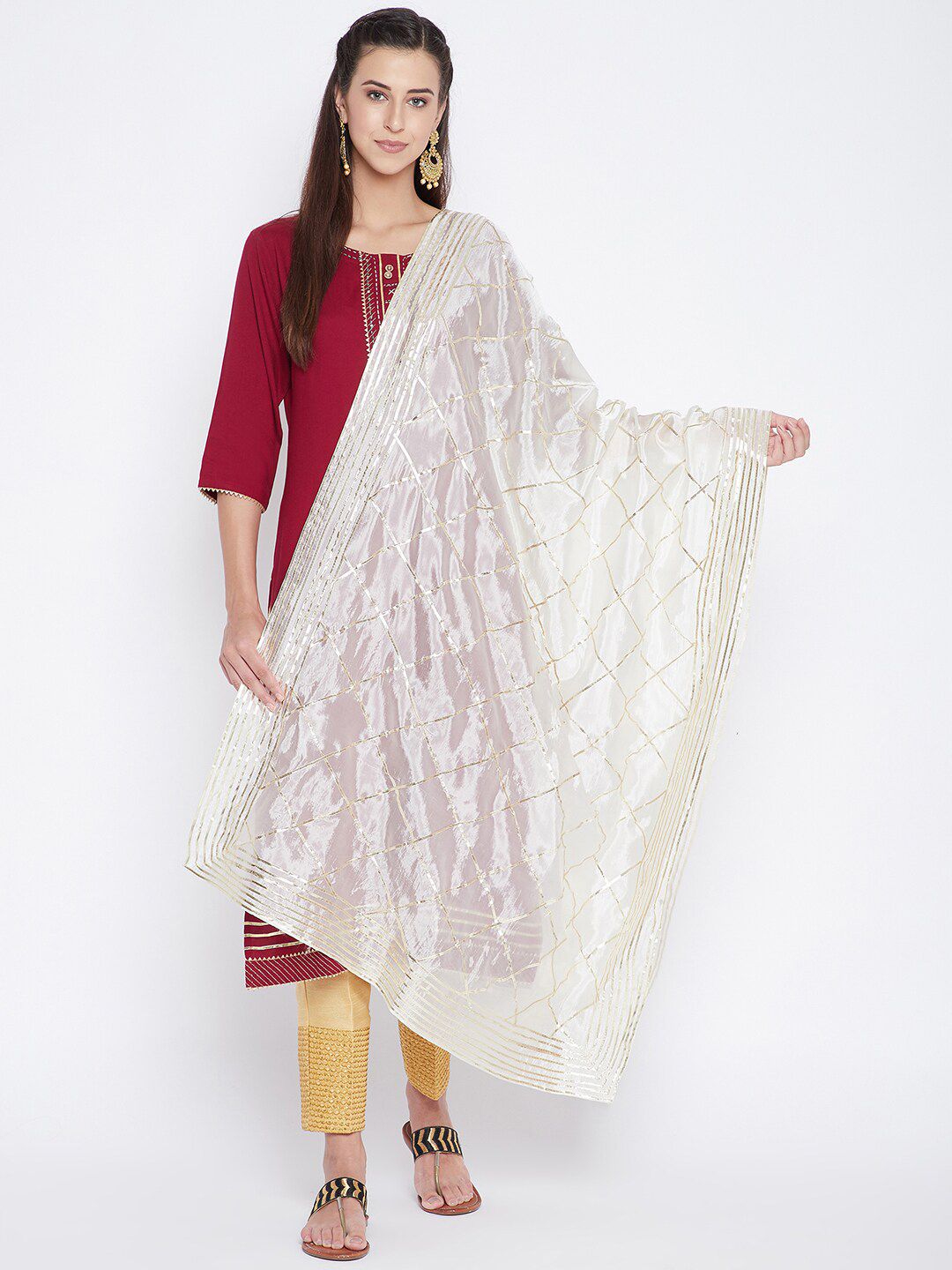 Clora Creation Cream-Coloured & Gold-Toned Embroidered Dupatta with Gotta Patti