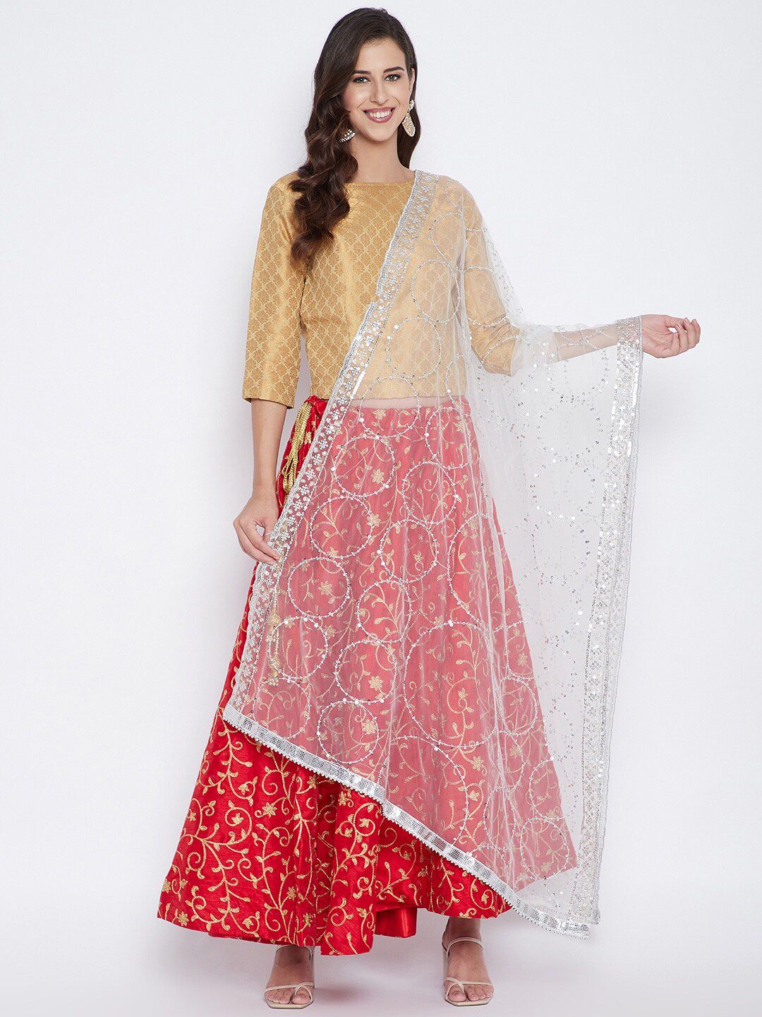 Clora Creation White & Silver-Coloured Embroidered Dupatta with Sequinned Price in India