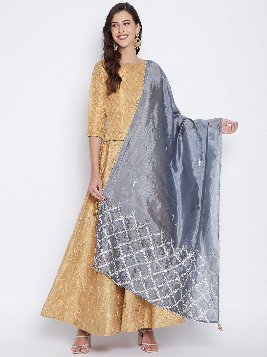 Clora Creation Grey & White Embroidered Dupatta with Sequinned Price in India
