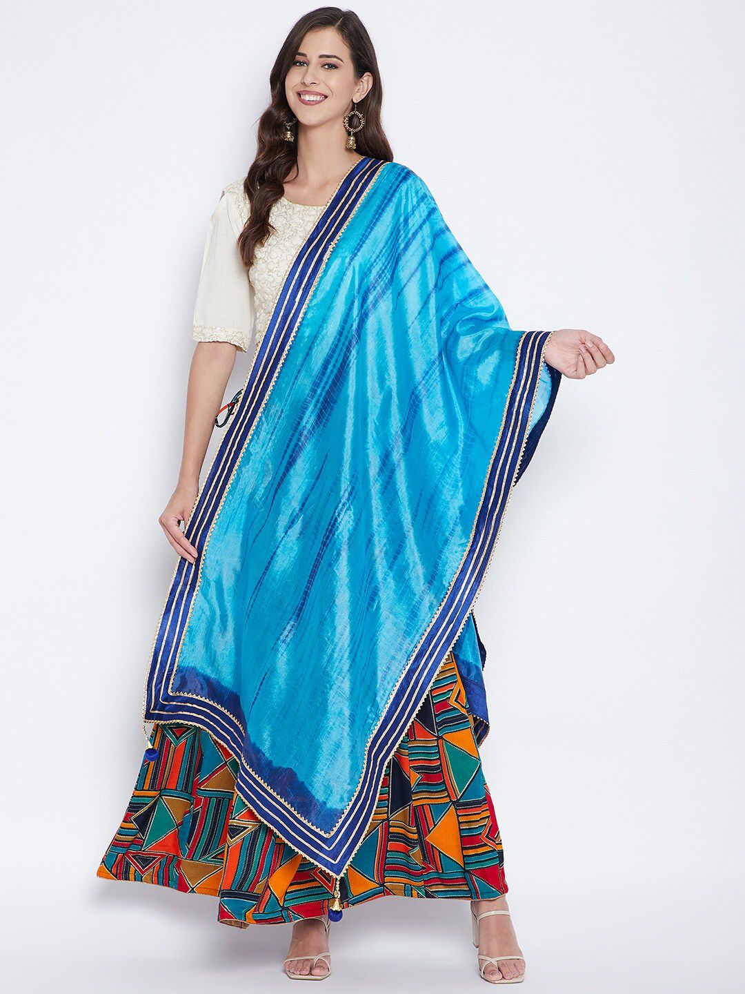 Clora Creation Blue & White Dyed Tie and Dye Dupatta with Gotta Patti Price in India