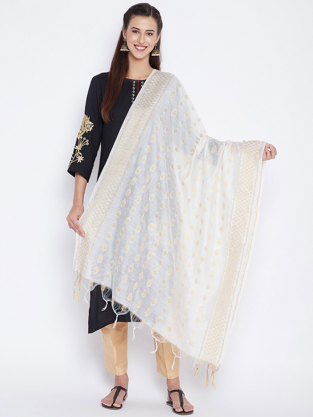 Clora Creation Off White & Gold-Toned Woven Design Pure Cotton Dupatta Price in India