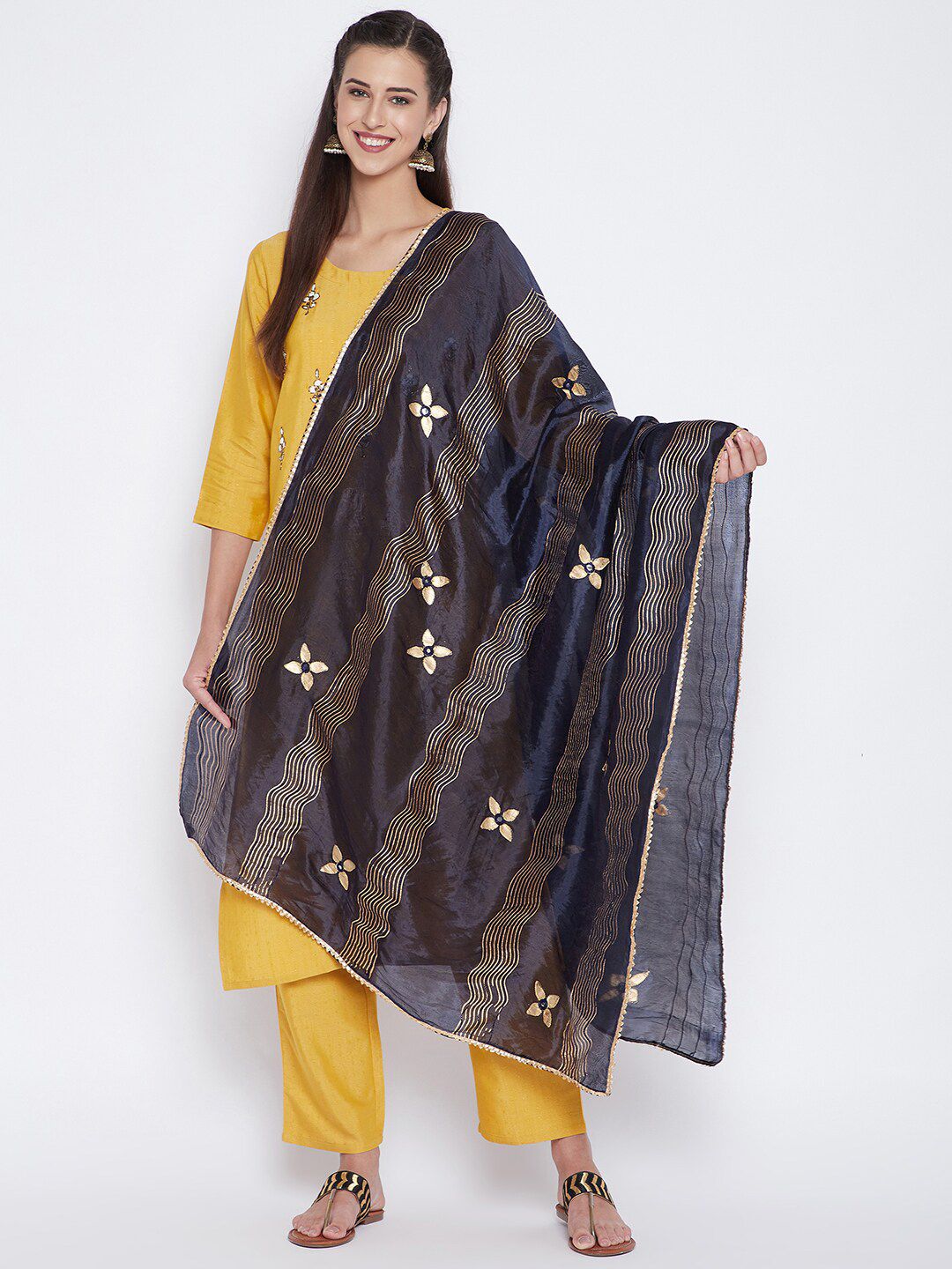 Clora Creation Navy Blue & Gold-Toned Printed Dupatta with Mirror Work Price in India