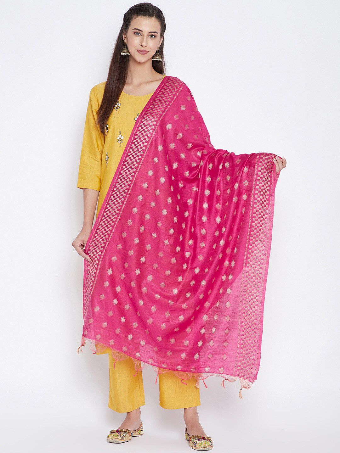 Clora Creation Magenta & Gold-Toned Woven Design Pure Cotton Dupatta