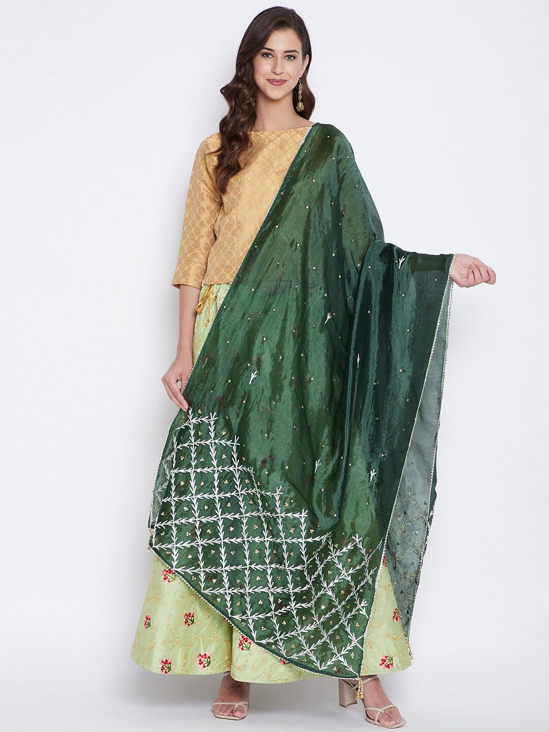 Clora Creation Green & White Embroidered Dupatta with Gotta Patti Price in India