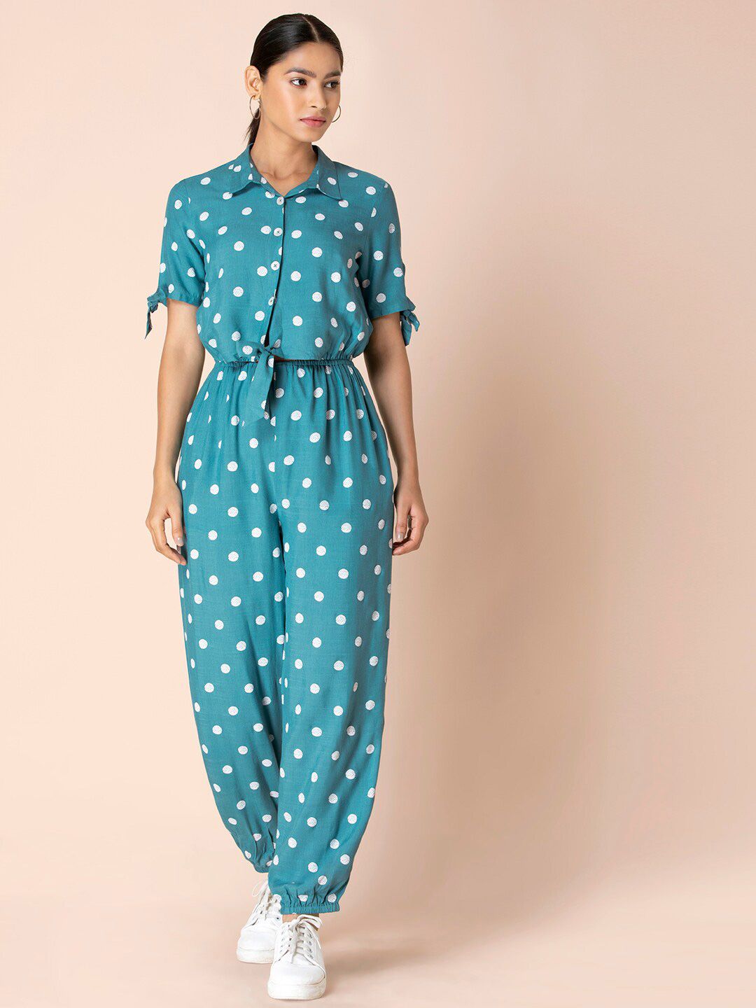 Earthen BY INDYA Turquoise Polka Knotted Shirt Jumpsuit Price in India