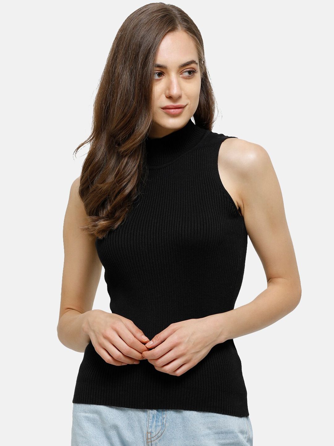 98 Degree North Women Black Ribbed Pure Cotton Sleeveless Pullover Price in India