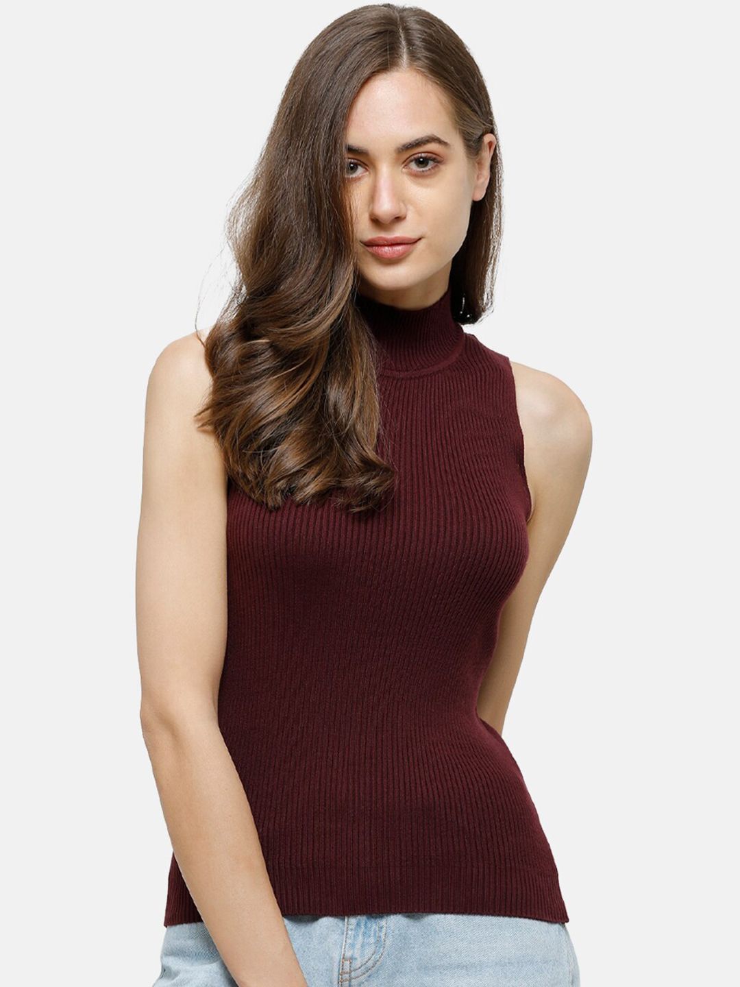 98 Degree North Women Burgundy Striped Sweater Vest Price in India