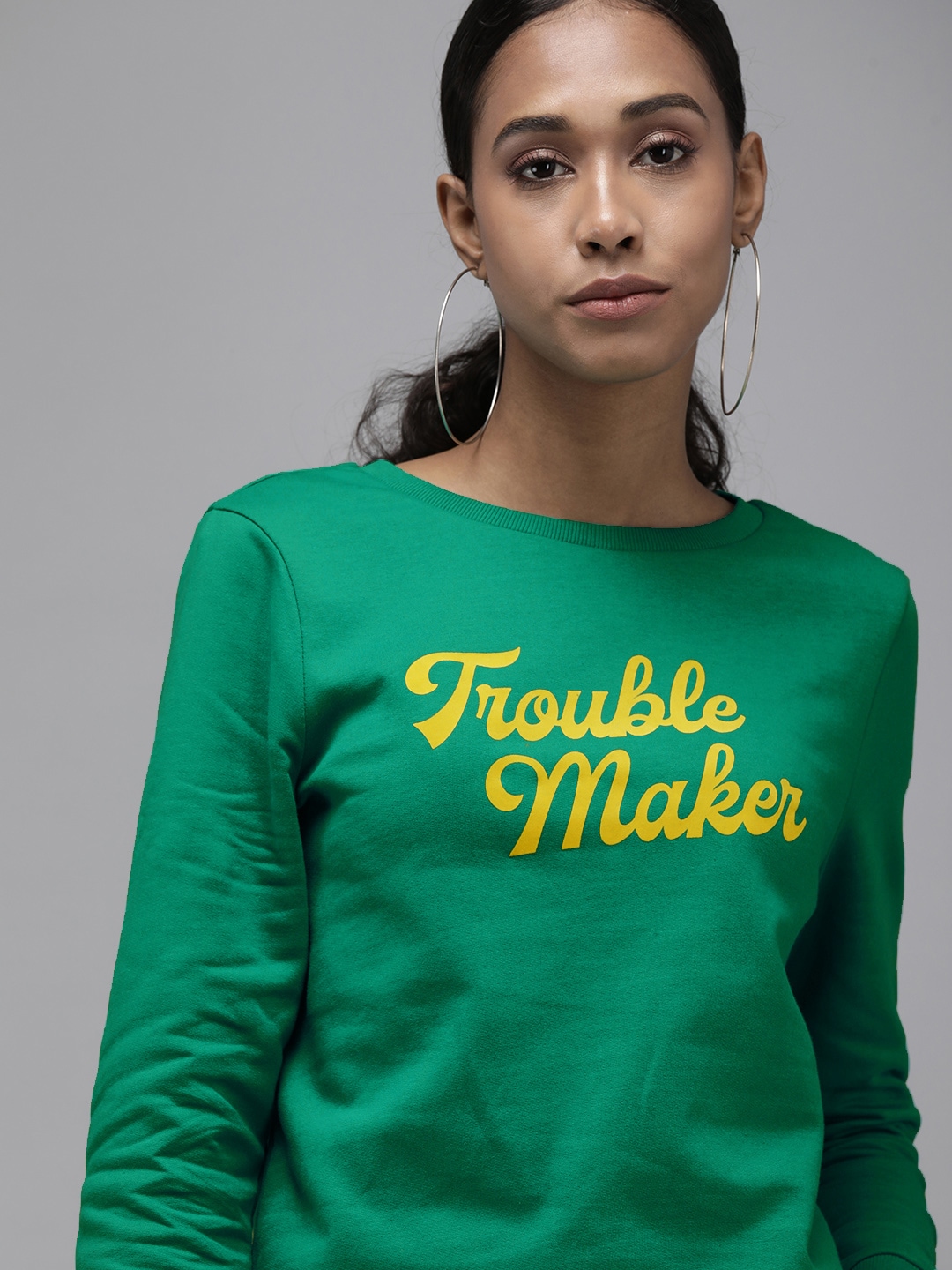 Vero Moda Women Green &Yellow Typography Printed Pure Cotton Round Neck Sweatshirt Price in India
