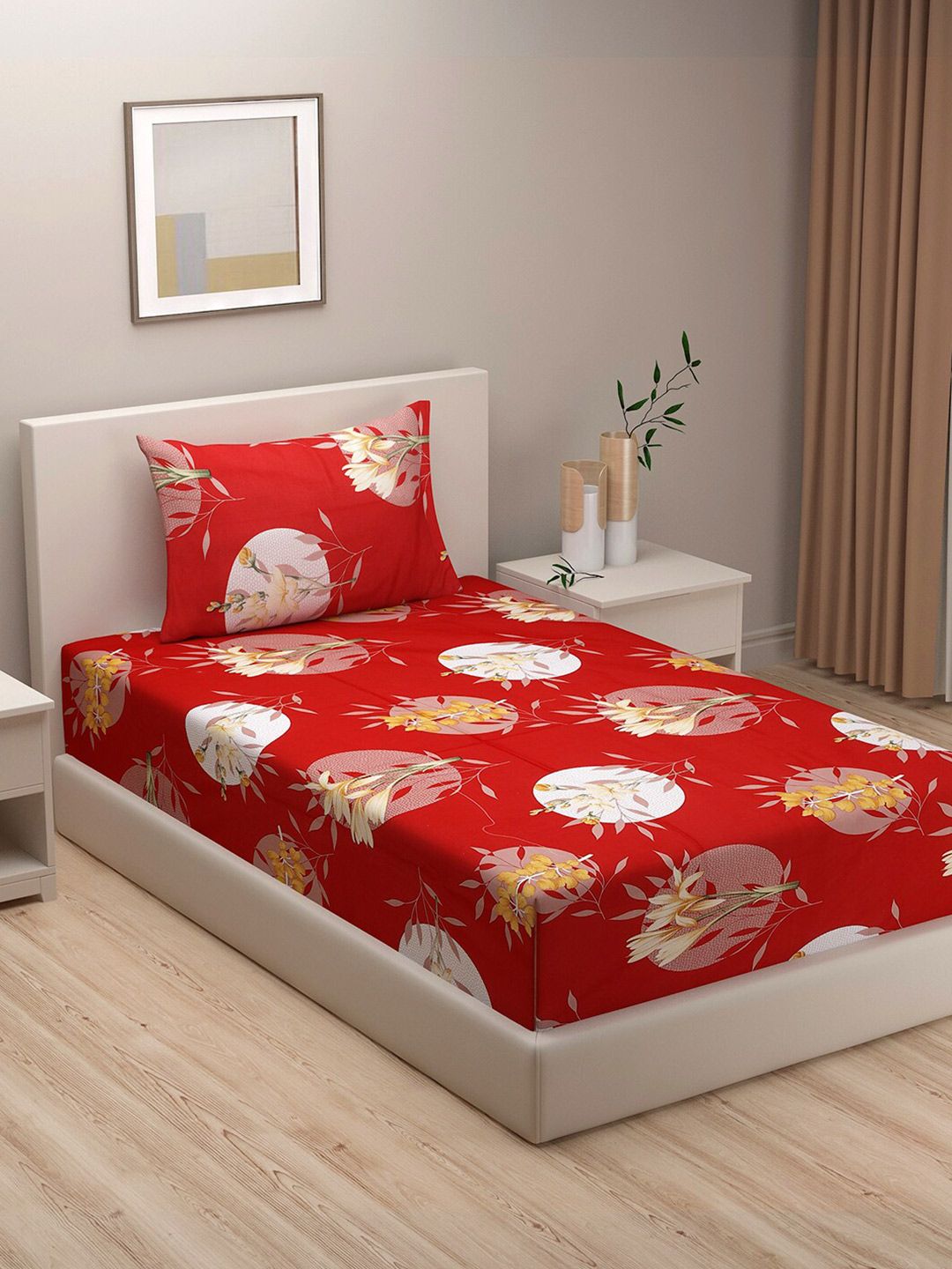 SWAYAM Red & White Floral Single TC 240 Bedsheet With 1 Pillow Covers Price in India
