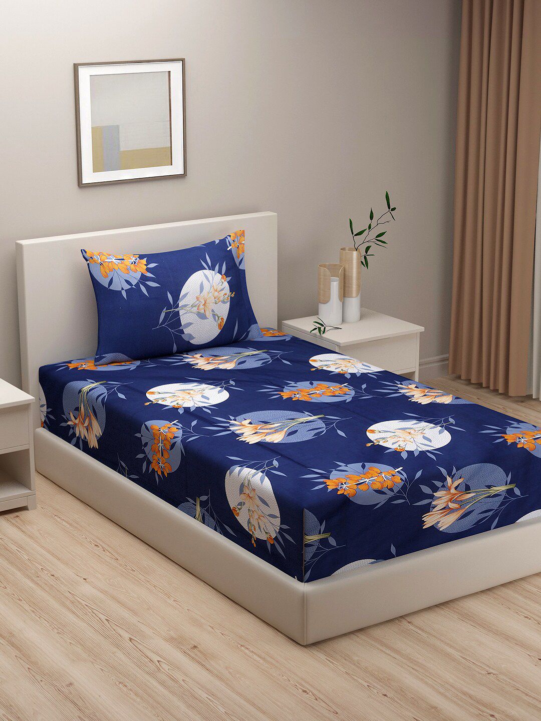 SWAYAM Navy Blue & Orange Floral TC 240 Single Bedsheet with 1 Pillow Covers Price in India