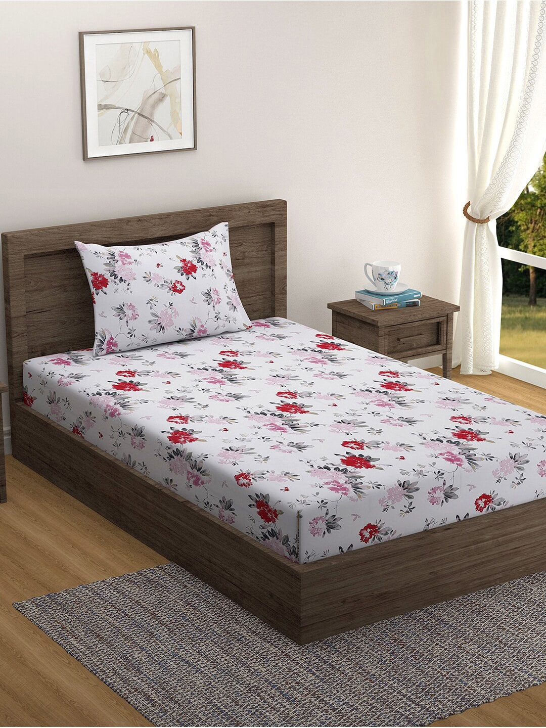 SWAYAM White & Red Floral 200 TC Single Bedsheet with 1 Pillow Covers Price in India