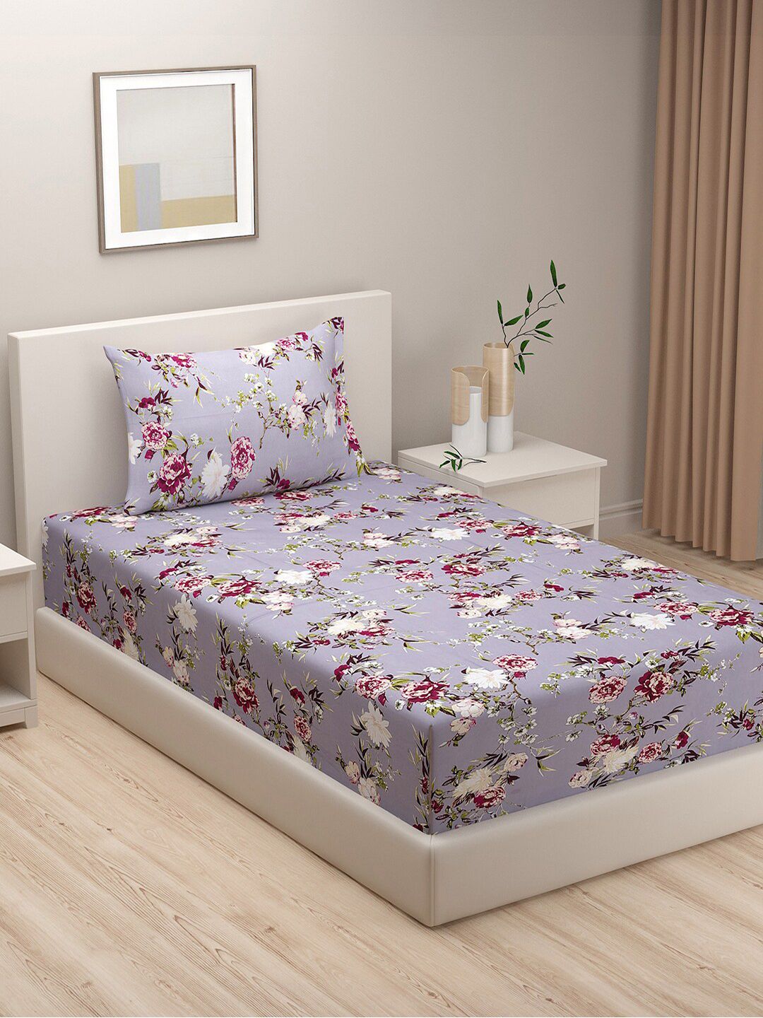 SWAYAM Pure Cotton Grey Floral Printed 240 TC Single Bedsheet with 1 Pillow Covers Set Price in India