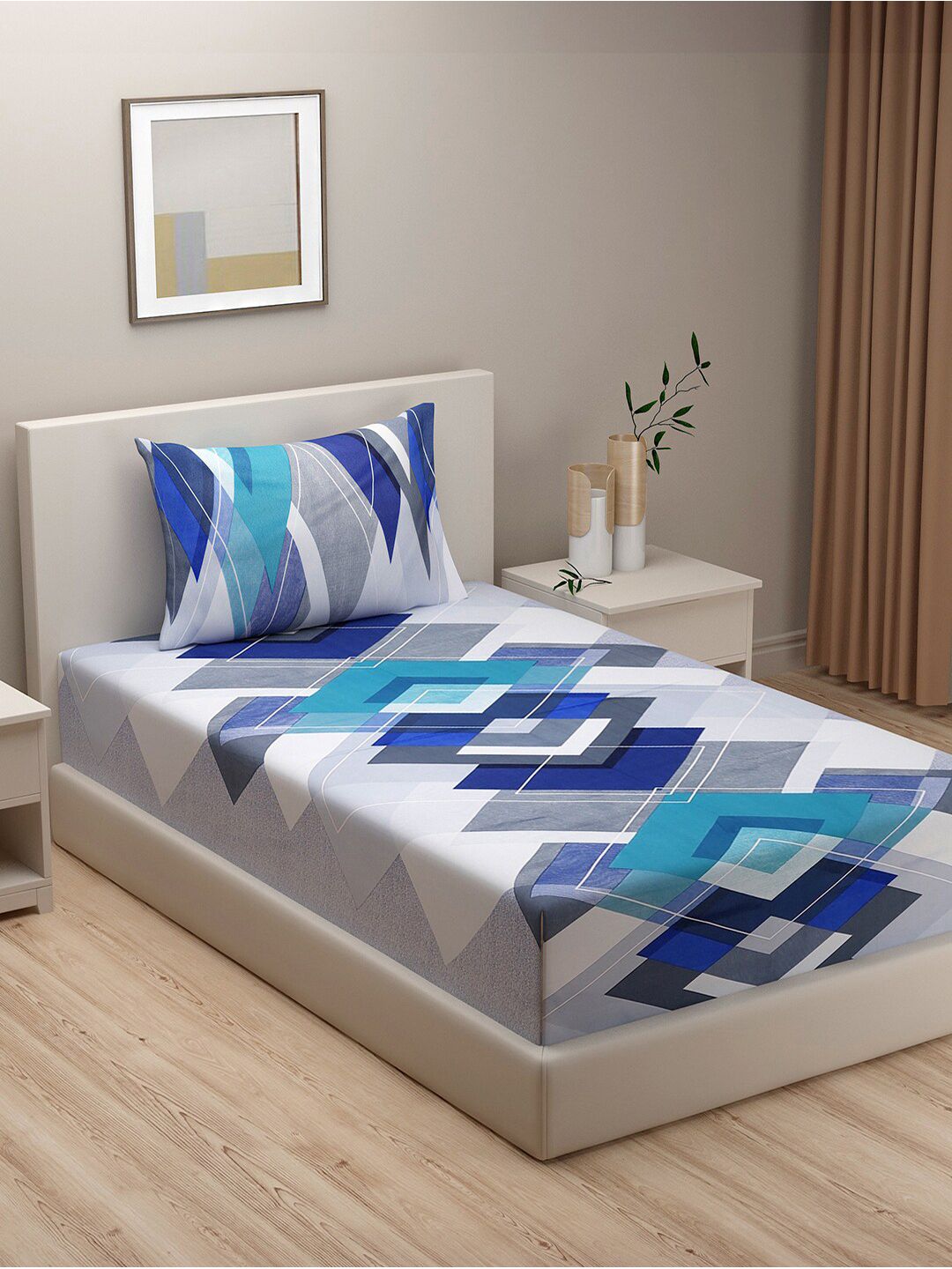 SWAYAM Grey & Blue Geometric 144 TC Single Bedsheet with 1 Pillow Covers Price in India
