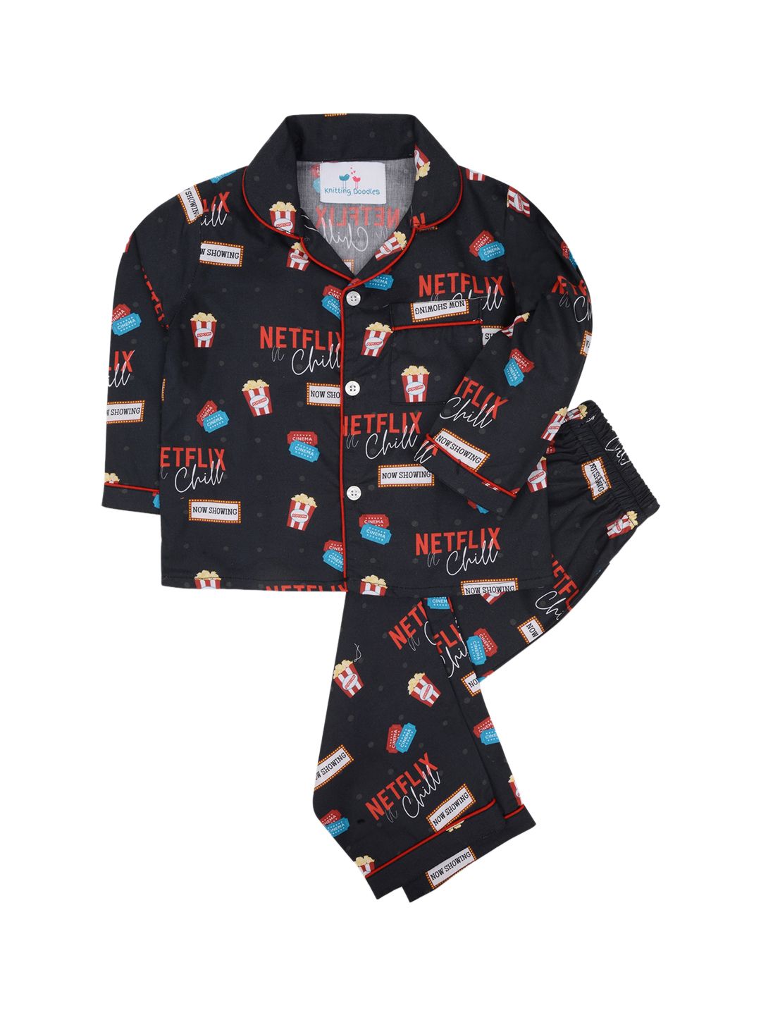 Knitting Doodles Unisex Kids Black & Red Printed Night Suit