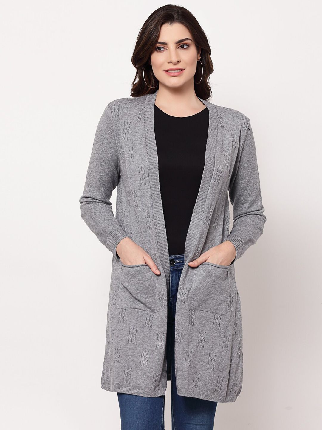 Mafadeny Women Grey Self Design Long Shrug