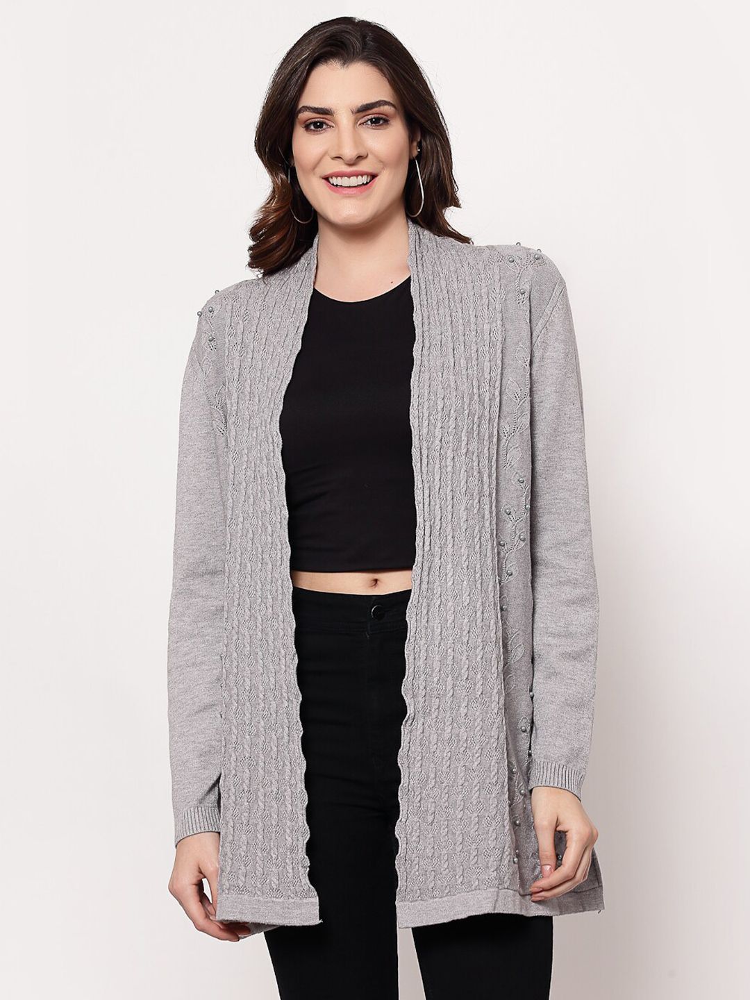 Mafadeny Women Grey Solid Long Shrug