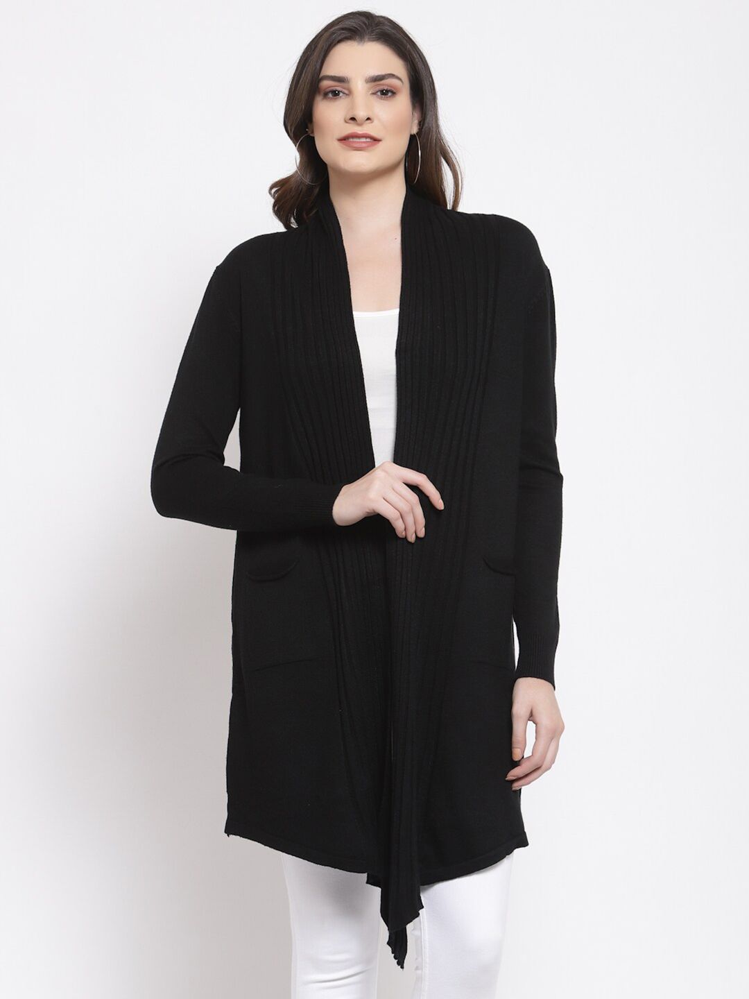 Mafadeny Women Black Striped Longline Shrug Price in India