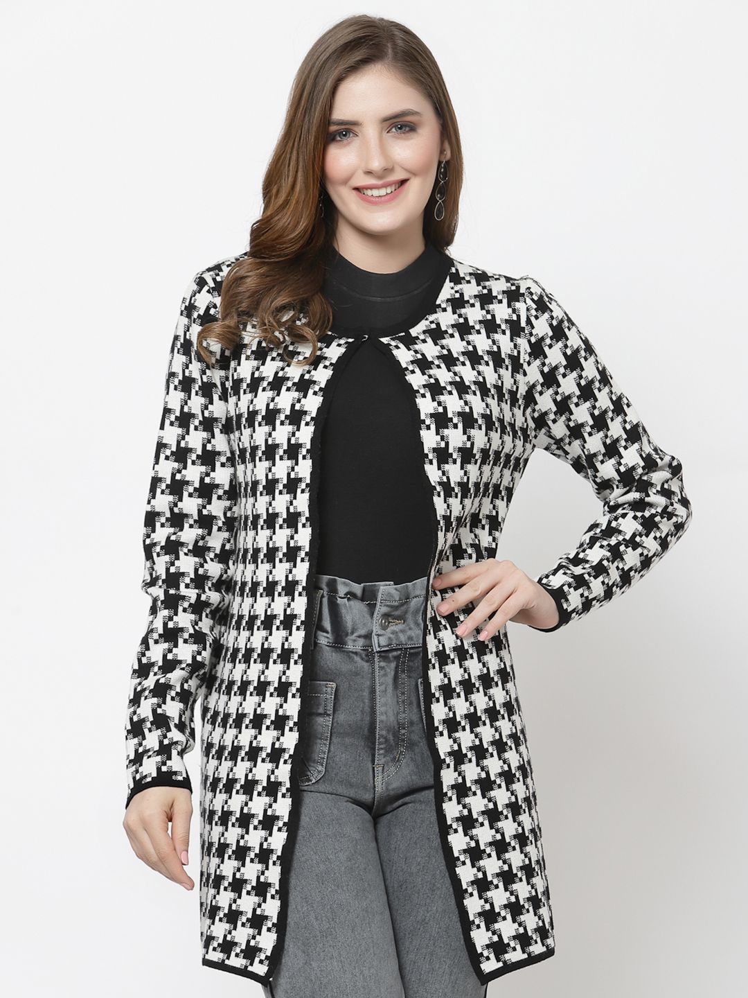 Mafadeny Women White & Black Printed Open Front Longline Shrug
