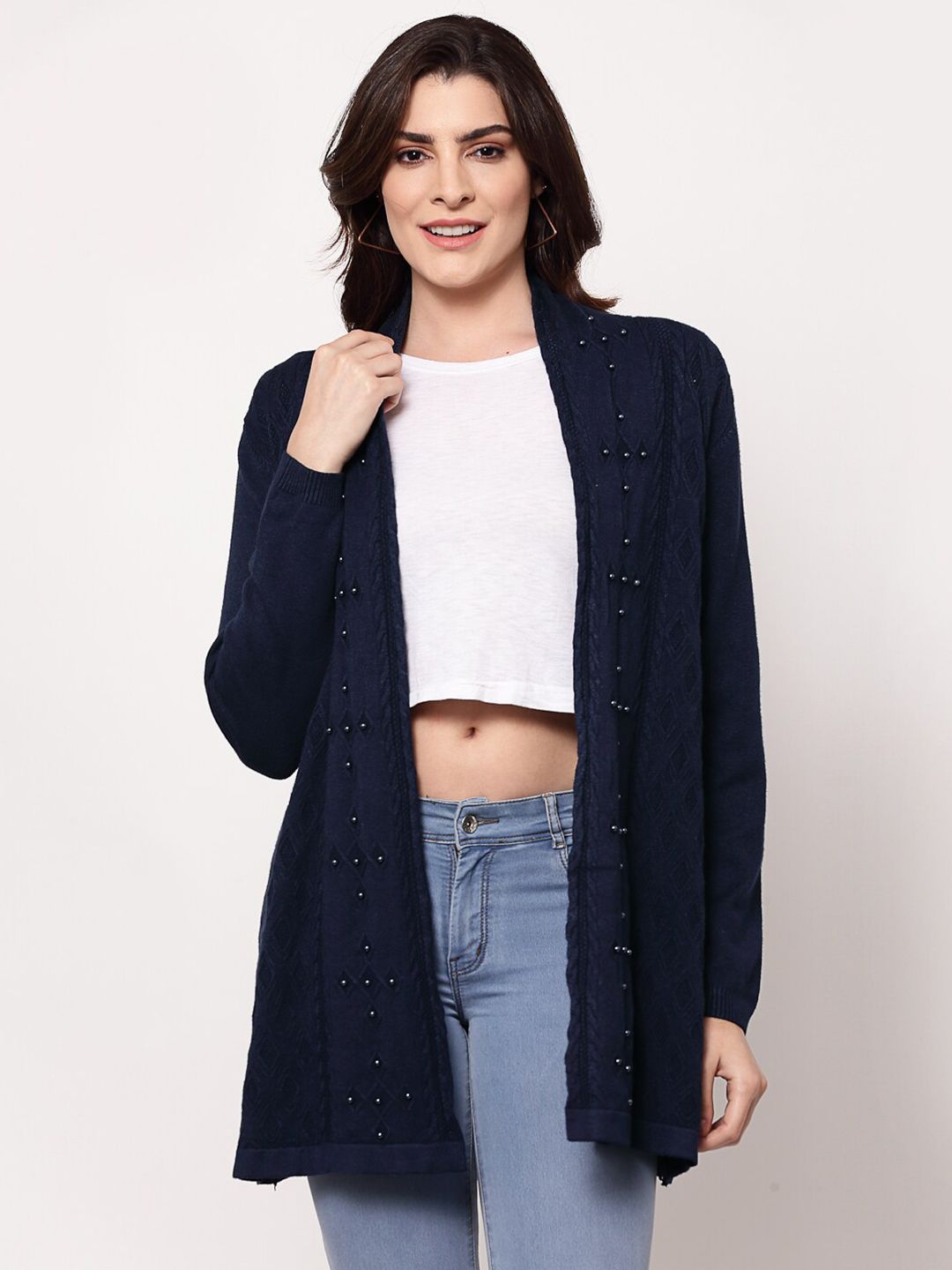 Mafadeny Women Navy Blue Embellished Longline Shrug
