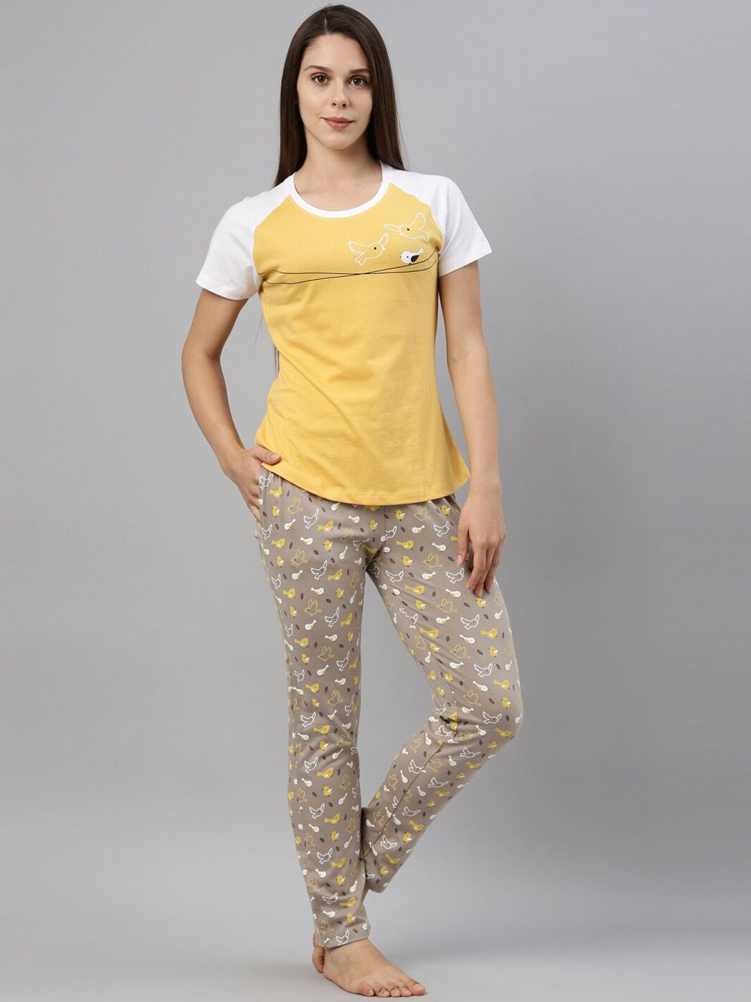 Curare Women Yellow & Grey Graphic Printed Pure Cotton Night Suit Price in India