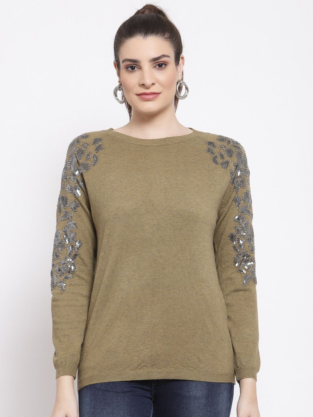 Mafadeny Women Green Embroidered Pullover with Embellished Detail Price in India