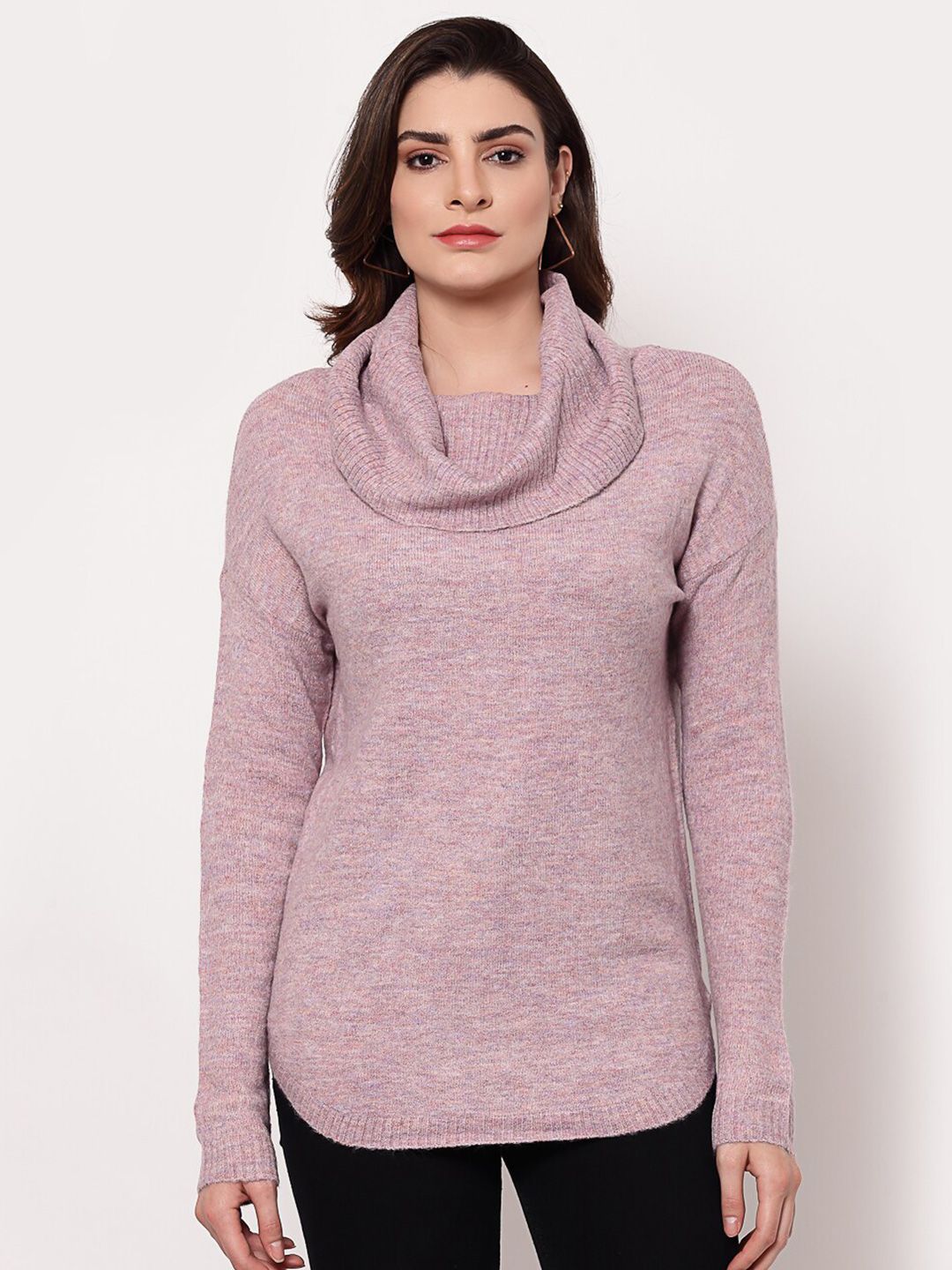 Mafadeny Women Pink Solid Cowl Neck Woven Pullover Price in India