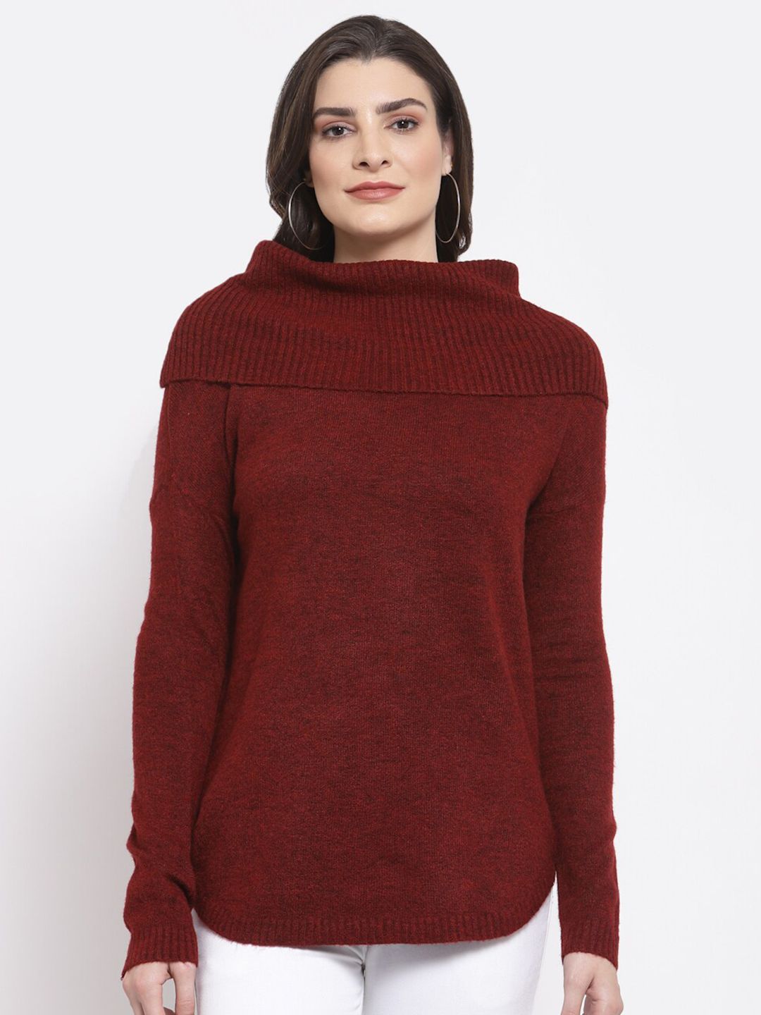 Mafadeny Women Maroon Solid Longline Pullover Price in India
