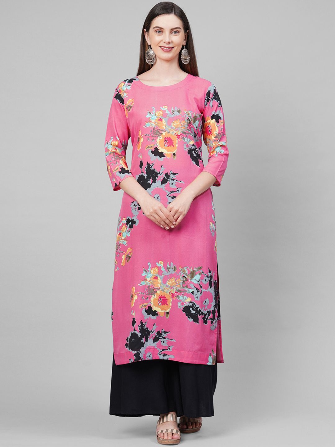 KALINI Women Pink & Blue Floral Printed Staright Kurta Price in India