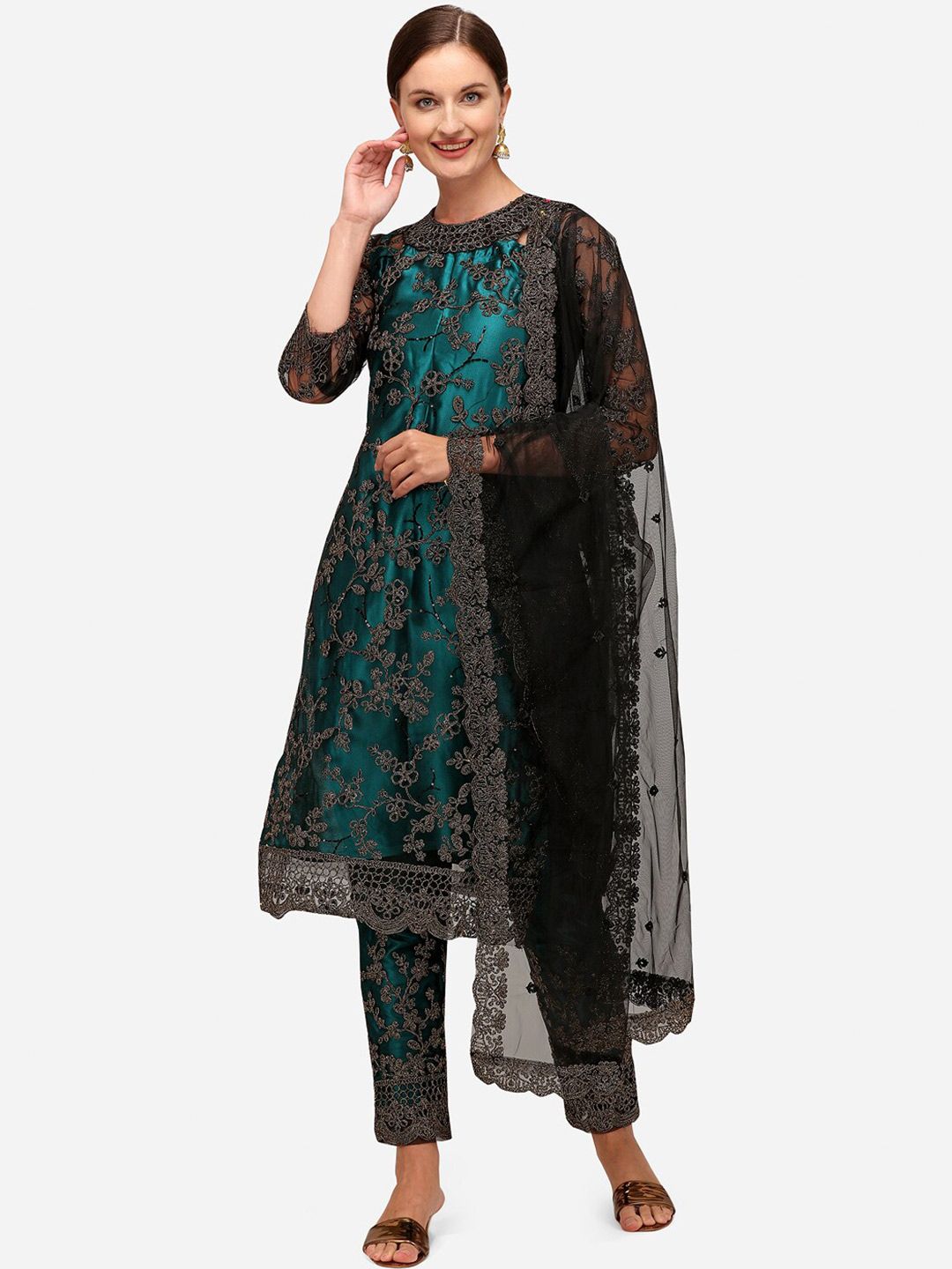 JATRIQQ Black & Green Embroidered Unstitched Dress Material Price in India