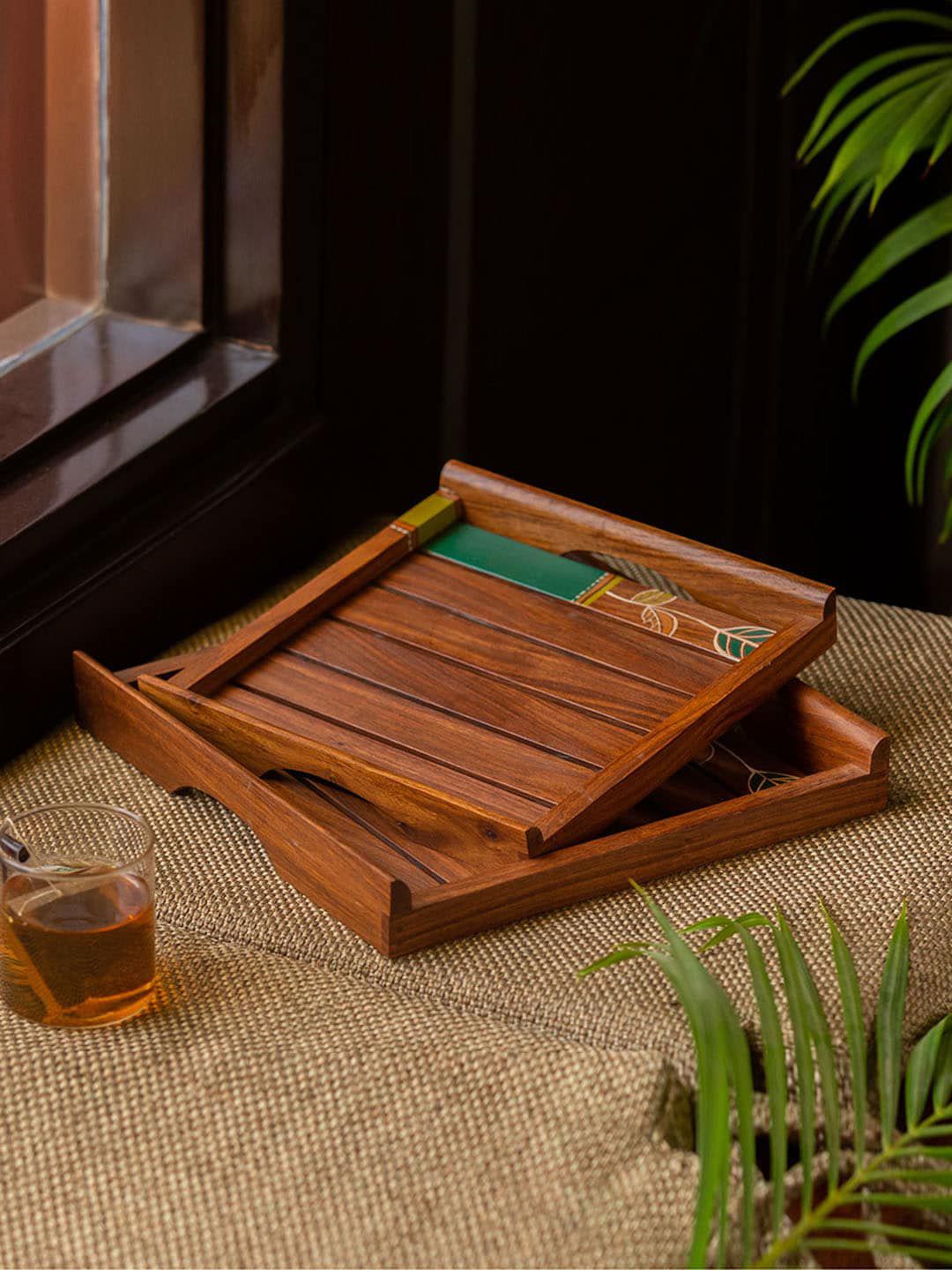 ExclusiveLane Set Of 2 Brown Wooden Serving Trays Price in India