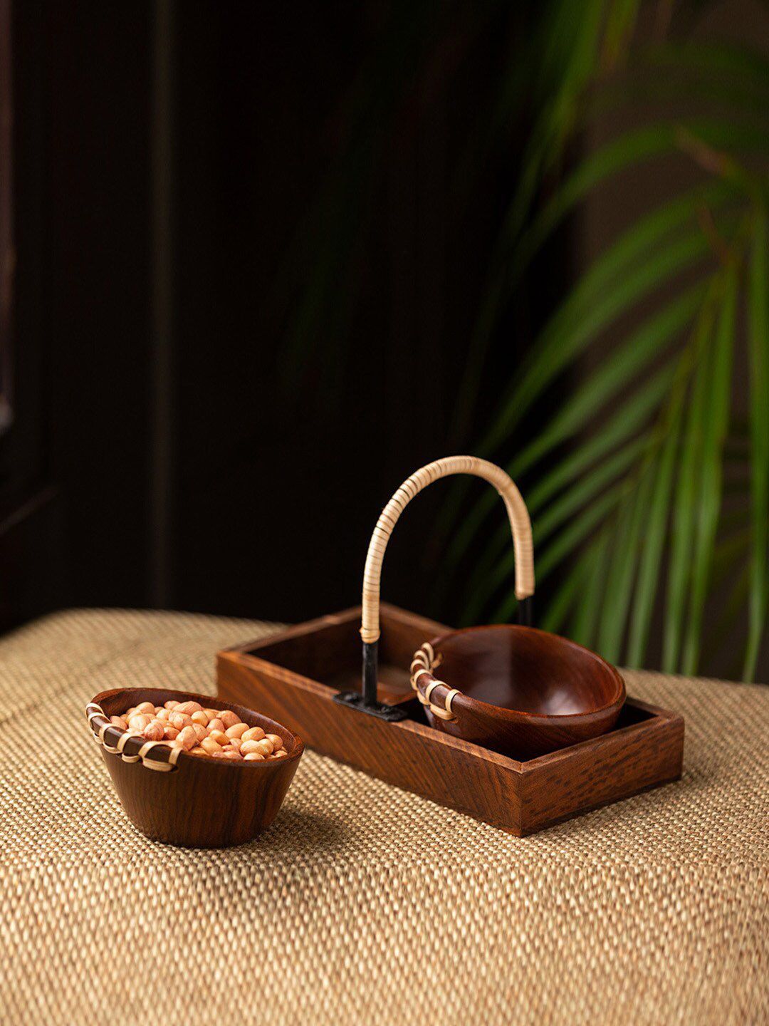 ExclusiveLane Brown 2 Pieces Handcrafted Wooden Matte Serving Bowl with Tray Price in India